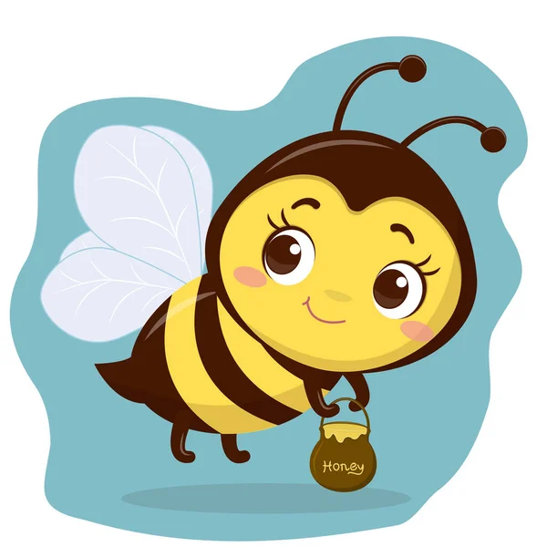 Roztomilý charakter včela létá a drží hrnec medu. Kreslený styl, vektor Vektorová Grafika