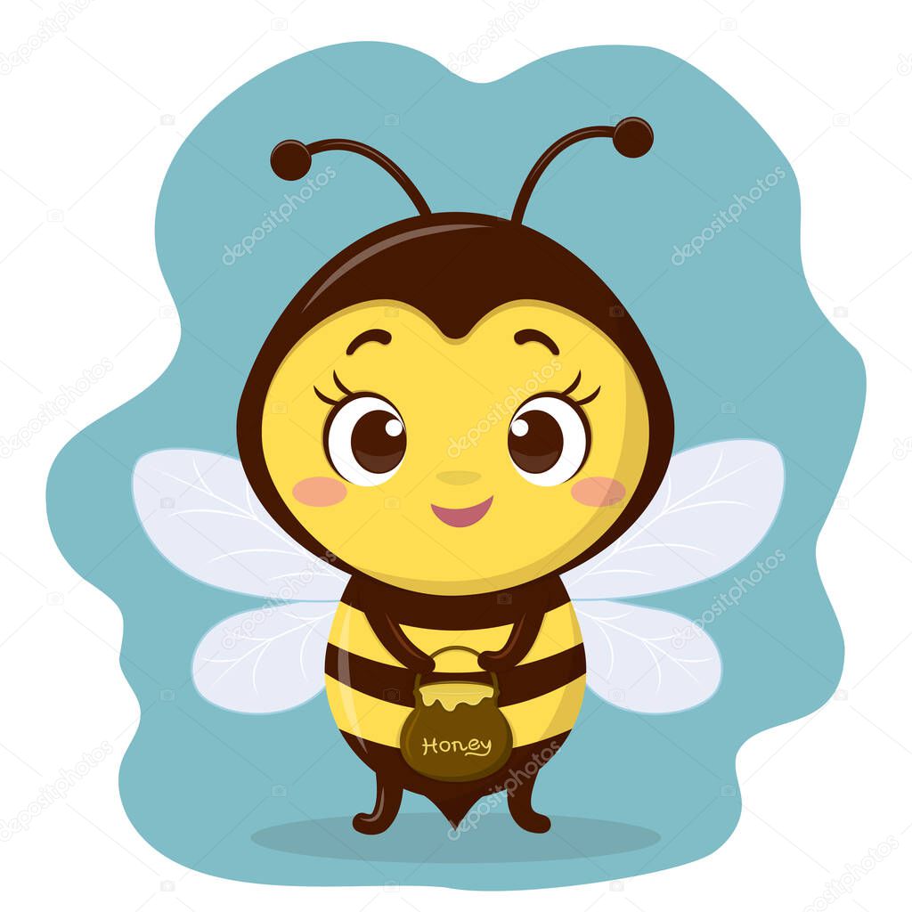 The cute bee character holds a pot of honey. Cartoon style, vector