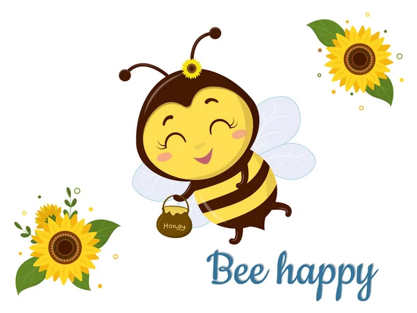 Carattere simpatico ape miele con una pentola di mosche miele, girasole e foglie su sfondo bianco. Vettore, stile cartone animato. — Vettoriale Stock