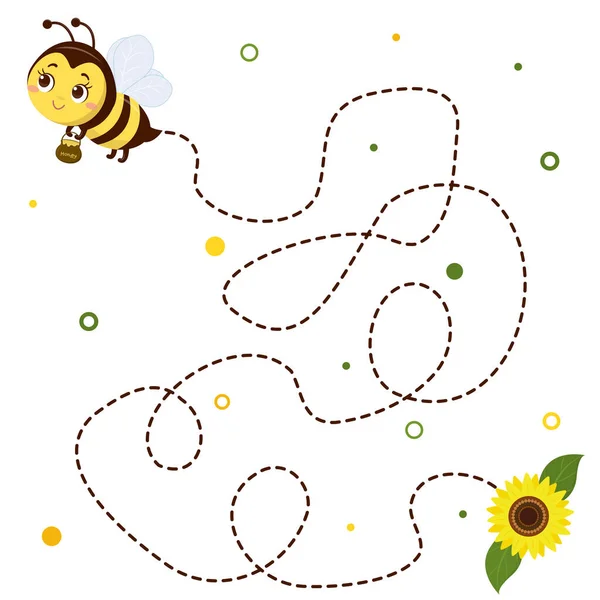 Abelha de mel com uma panela de moscas de mel, flor de girassol e folhas no fundo branco. Vetor, estilo dos desenhos animados. — Vetor de Stock