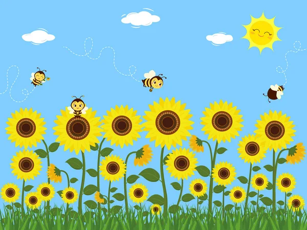 Roztomilé včely sbírají nektar na slunečnice s listy. Léto, slunce, tráva. Vektorová ilustrace. Stock Vektory