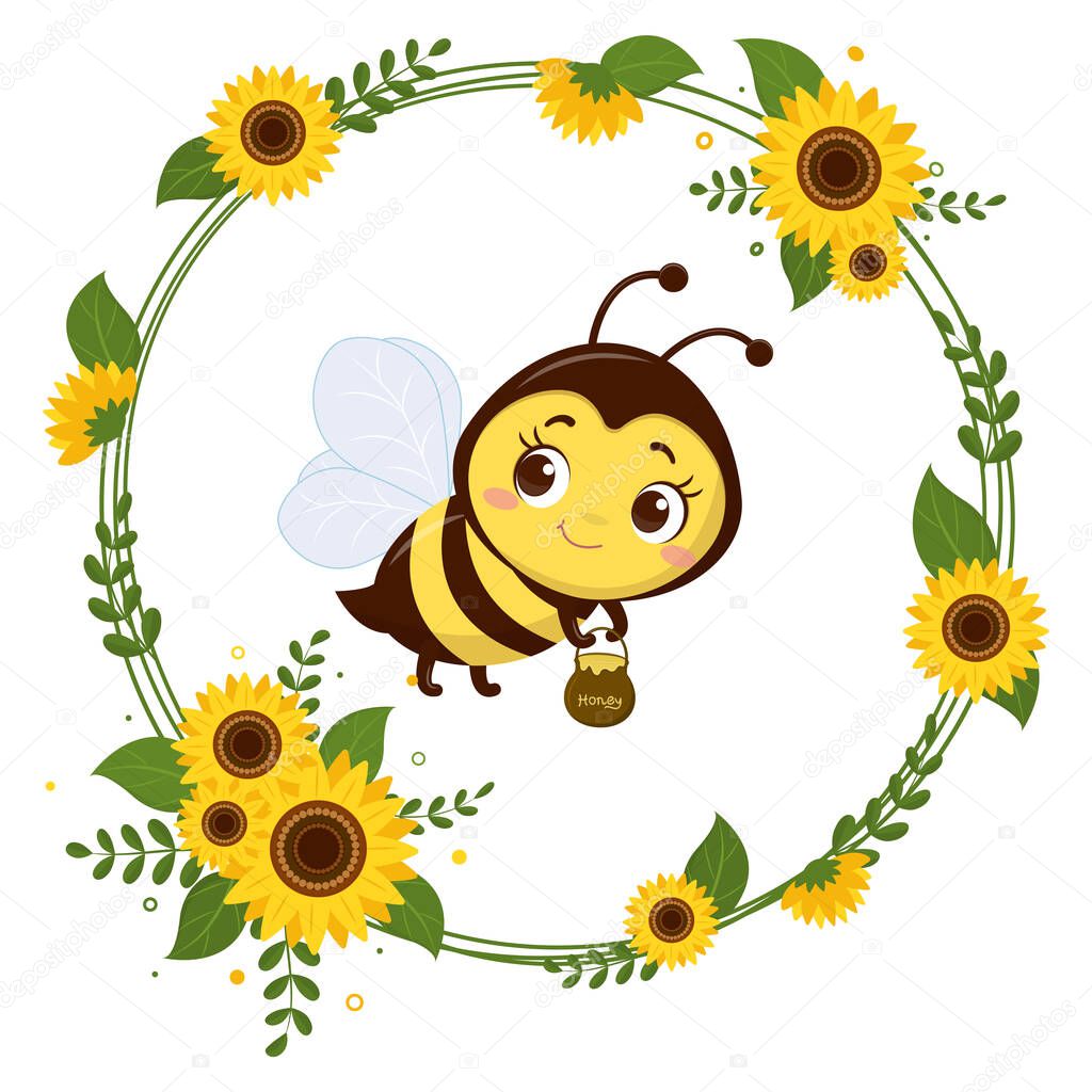 A cute little bee is holding a pot of honey. Frame from yellow flowers of sunflower and leaves. Cartoon style, vector.