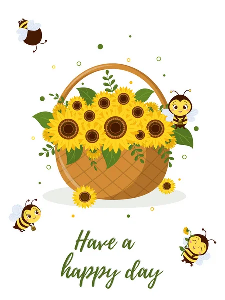 Pohlednice kytice slunečnice v košíku a čtyři roztomilé včely na bílém pozadí. Vektorová ilustrace, kreslený styl. Vektorová Grafika