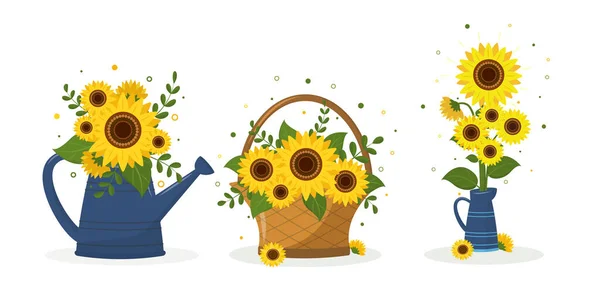 Sada tří kytic slunečnice v plechovce na zalévání zahrady, v pleteném koši a v modrém džbánu. Vektorová ilustrace pro váš design. Royalty Free Stock Ilustrace