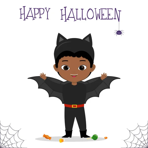 Fiesta de Halloween. Lindo chico afroamericano vestido de murciélago, caramelos y piruletas, araña y telaraña. Postal, ilustración vectorial. — Vector de stock