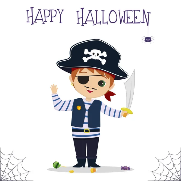Fête d'Halloween. Un garçon irlandais mignon habillé en pirate, tenant une épée, des bonbons et des sucettes, une araignée et une toile. Carte postale, illustration vectorielle. — Image vectorielle