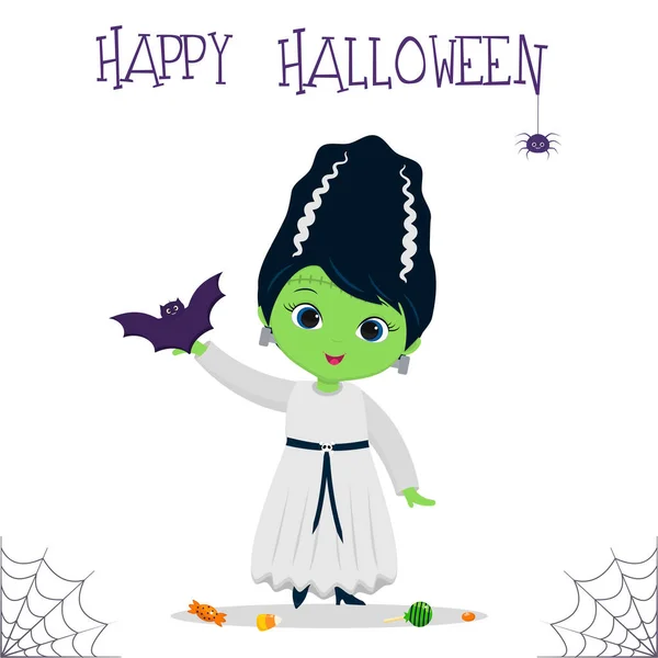 Fiesta de Halloween. Una linda chica vestida como un monstruo amigo de Frankenstein sostiene un murciélago, dulces, una araña y una tela. Postal, ilustración vectorial. — Vector de stock