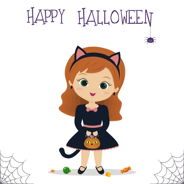 Fiesta de Halloween. Una linda chica con un disfraz de gato sostiene una calabaza con maíz dulce, una araña y una telaraña. Postal, ilustración vectorial. — Vector de stock