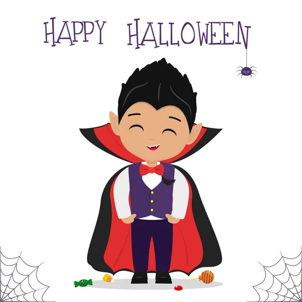 Fiesta de Halloween. Lindo chico vestido de vampiro, piruletas y piruletas, araña y telarañas. Postal, ilustración vectorial. — Vector de stock
