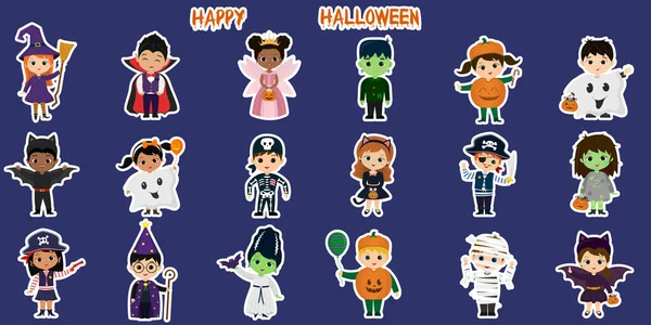 Mega sada Halloween party znaků samolepky. Osmnáct dětí v různých halloweenských kostýmech na bílém pozadí. Karikatura, plochý, vektor. — Stockový vektor