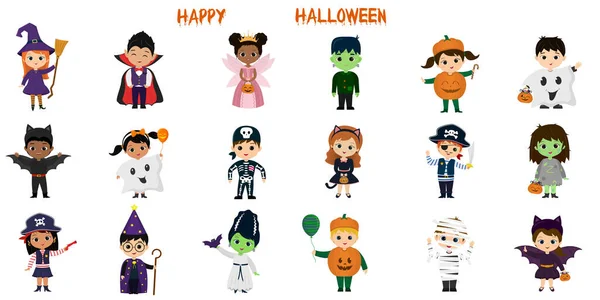 Mega sadu Halloween party postav. Osmnáct dětí v různých halloweenských kostýmech na bílém pozadí. Karikatura, plochý, vektor — Stockový vektor