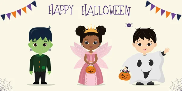 Halloween party dětských postav. Děti v barevných halloweenských kostýmech víla princezna, monstrum frankenstein a duch v kresleném stylu. Vektorový plochý. — Stockový vektor