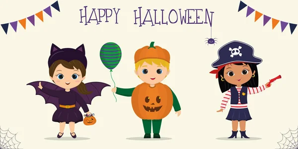 Halloween fiesta niños personajes conjunto. Los niños en coloridos trajes de Halloween murciélago, calabaza, pirata en estilo de dibujos animados. Vector plano — Vector de stock