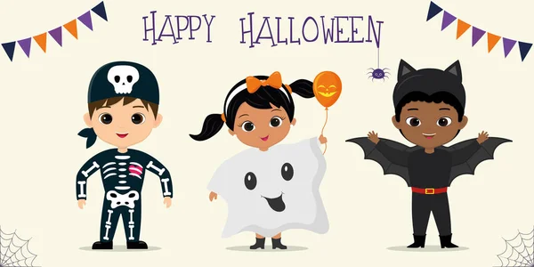 Halloween fiesta niños personajes conjunto. Niños en coloridos disfraces de Halloween esqueleto, fantasma, murciélago en estilo de dibujos animados. Vector plano. — Vector de stock