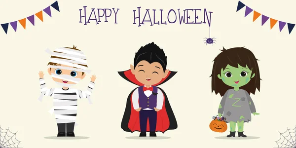 Halloween party dětských postav. Děti v barevných halloweenských kostýmech mumie, upír, zombie v kresleném stylu. Vektor, plochý. — Stockový vektor