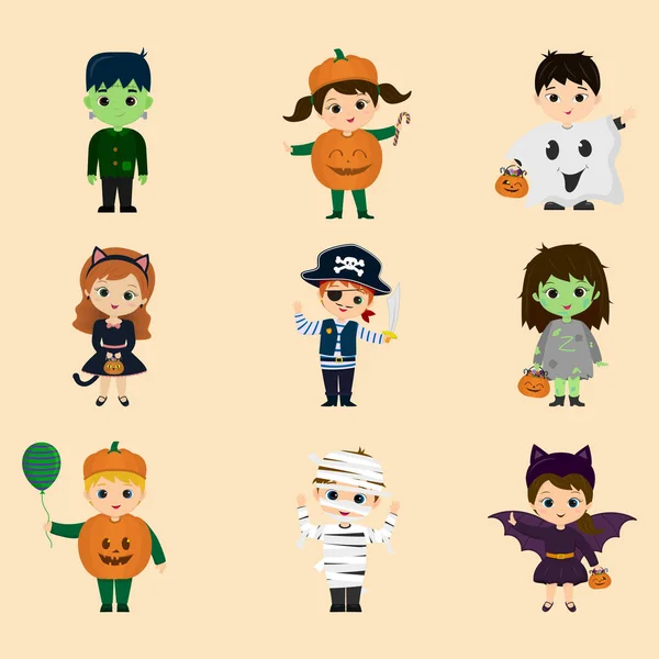 Sada dvanácti postav dětí z Halloweenské párty. Děti v barevných halloweenských kostýmech kreslený styl. Vektor. — Stockový vektor