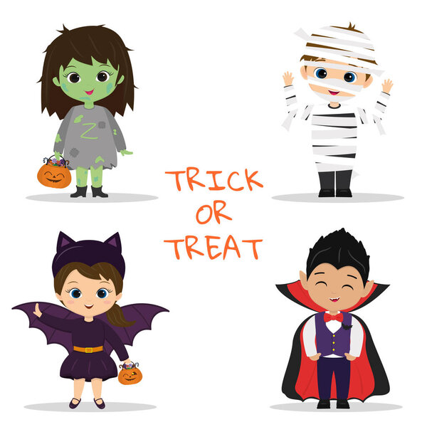 Set of four childrens Halloween party characters. Children in colorful Halloween costumes mummy, vampire, zombie, bat in cartoon style. Vector flat.