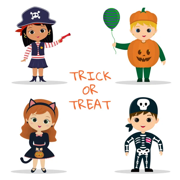 Sada čtyř dětí Halloween party postav. Děti v barevných halloweenských kostýmech maminka, pirát, dýně, černá kočka, kostra v kresleném stylu. Vektorový plochý. — Stockový vektor