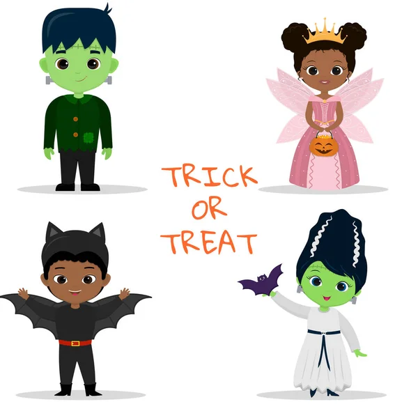 Sada čtyř dětí Halloween party postav. Děti v barevných halloweenských kostýmů monstrum, víla princezna, netopýr, netvor přítelkyně v kresleném stylu. Plochý vektor. — Stockový vektor