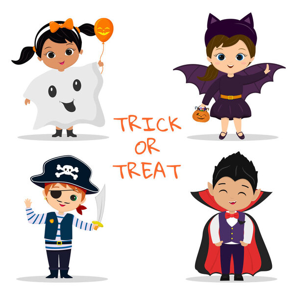 Set of four kids Halloween party characters. Children in colorful Halloween costumes ghost, pirate, vampire, bat in cartoon style. Flat vector.