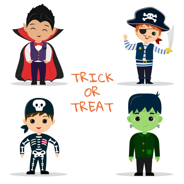 Sada čtyř dětí Halloween party postav. Děti v barevných halloweenských kostýmech upír, pirát, kostra, monstrum frankenstein v kresleném stylu. Plochý vektor. — Stockový vektor