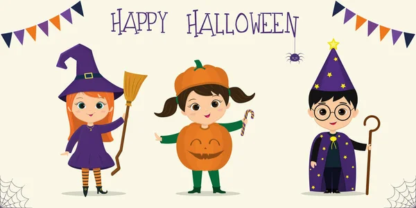 Halloween party dětských postav. Děti v barevných halloweenských kostýmech čarodějnice s koštětem, dýní, hvězdičkářka v kresleném stylu. Vektorový plochý. Vektorová Grafika