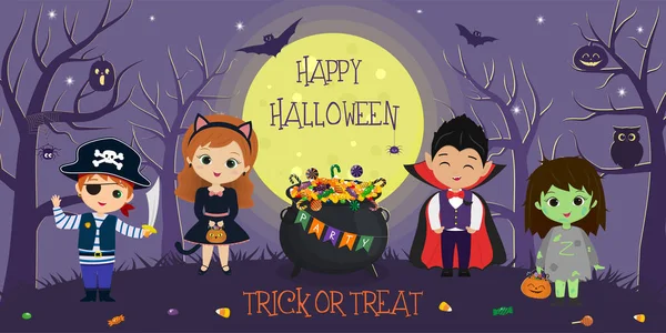 Feliz Halloween. Halloween niños personajes con diferentes trajes en el fondo de la luna llena y árboles por la noche. Dibujos animados, vector. — Vector de stock