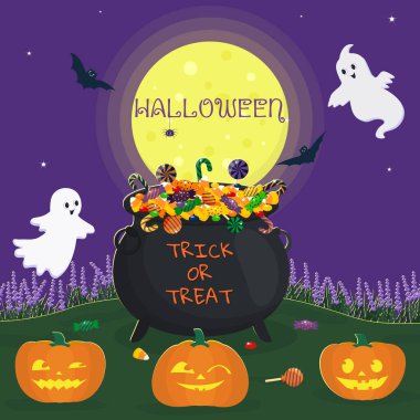 Mutlu Cadılar Bayramı. Bir tencere şeker, ay, yarasalar, hayaletler, parlayan gözlü balkabakları, lavanta ve çimenler. Vektör illüstrasyonu