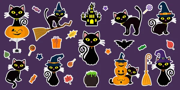 Šťastný Halloween. Mega sada nálepek černé kočky se žlutýma očima v různých pózách s dýní, na koštěti, v čarodějnickém klobouku a dalších prvcích, v bílém obrysu. Karikatura, vektor. — Stockový vektor