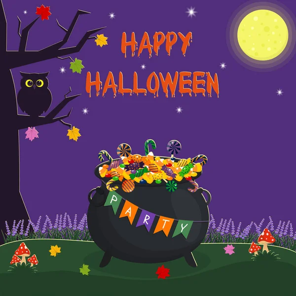 Feliz tarjeta de Halloween. Bruja s olla de dulces por la noche. Luna, búho en un árbol, hojas, lavanda mosca agáricos. Ilustración vectorial — Vector de stock