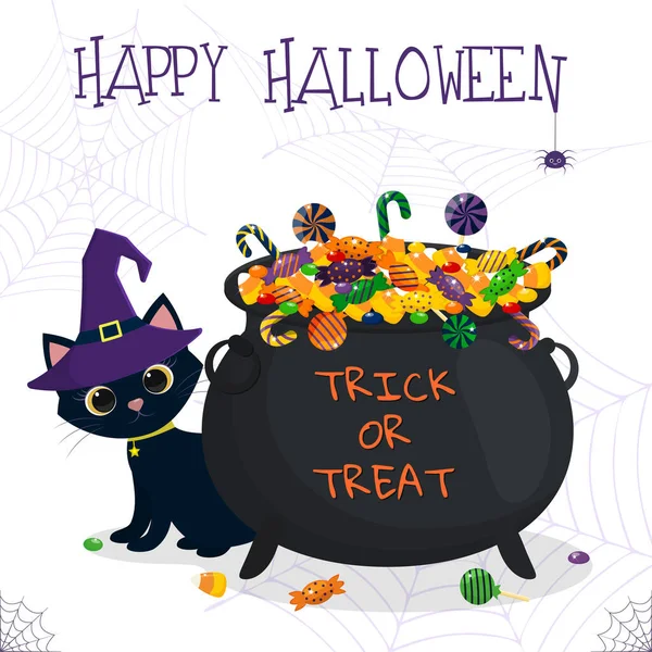 Feliz Halloween. Caldero de brujas con diferentes dulces. Un gato negro con sombrero de bruja. Ilustración vectorial — Vector de stock