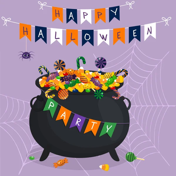 Šťastnou Halloweenskou kartu. Čarodějnický kotlík s různými sladkostmi, pavouky a pavučinami, vlajky na purpurovém pozadí. Vektorová ilustrace. — Stockový vektor
