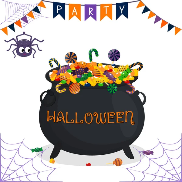 Šťastnou Halloweenskou pohlednici. Čarodějnický kotel s různými sladkostmi, pavoukem a pavučinou, vlajky na bílém pozadí. Vektorová ilustrace. — Stockový vektor