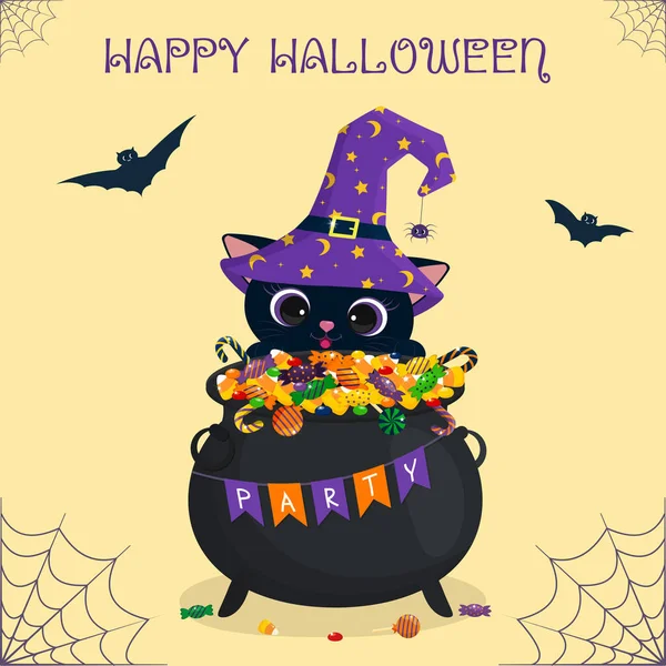 Feliz Halloween. Caldero de brujas con diferentes dulces. Gato negro con sombrero de bruja, murciélagos, araña, telaraña. Ilustración vectorial — Vector de stock
