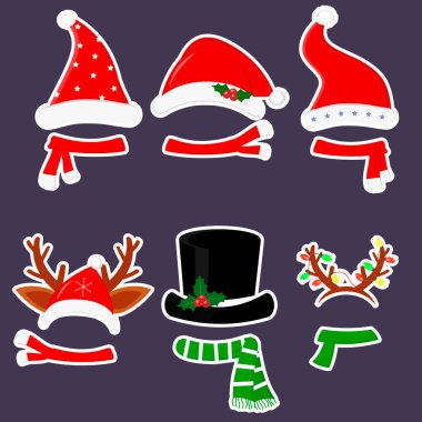 Happy New Year and Merry Christmas. A set of six different stickers of hats and scarves with different accessories for the New Year party in a white outline. Flat style, vector. clipart