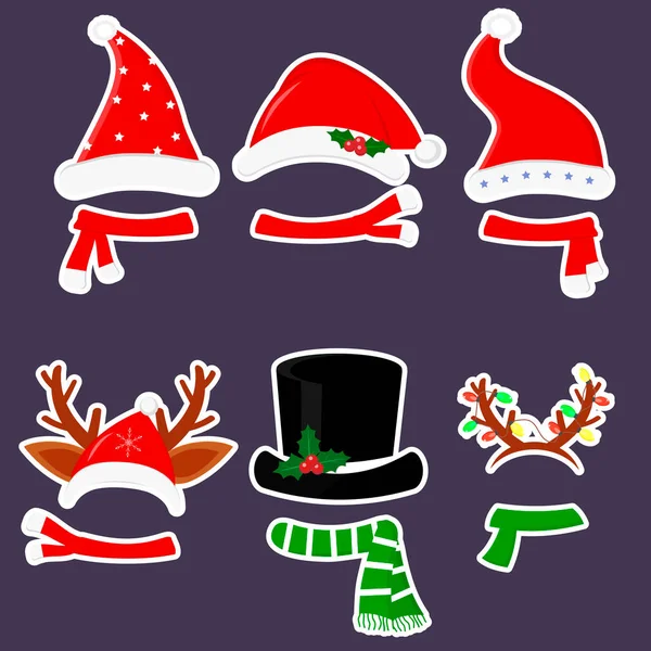 Bonne Année Joyeux Noël Ensemble Six Autocollants Différents Chapeaux Foulards — Image vectorielle