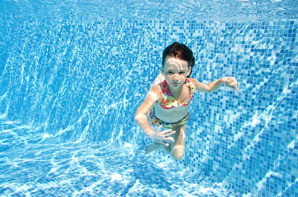 Little Child Swims Underwater Swimming Pool Happy Active Baby Girl — Stock Photo, Image