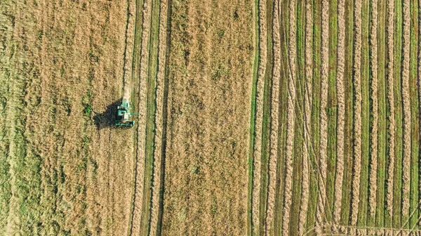 Harvester Machine Werken Het Veld Luchtfoto Van Boven Combineren Oogster — Stockfoto