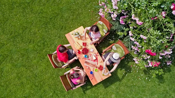 Сім Друзі Їдять Разом Відкритому Повітрі Вечірці Літнього Саду Вид — стокове фото