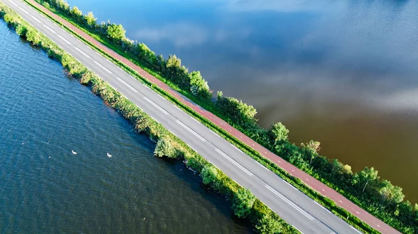 Vue Aérienne Par Drone Route Autoroutière Piste Cyclable Sur Barrage — Photo