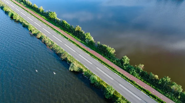 Vista Aérea Drones Auto Estrada Ciclovia Barragem Polder Tráfego Carros — Fotografia de Stock