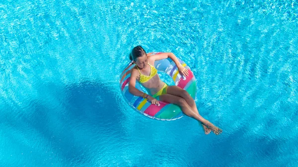 Active Girl Swimming Pool Aerial Top View Kid Swims Inflatable — Stock Photo, Image