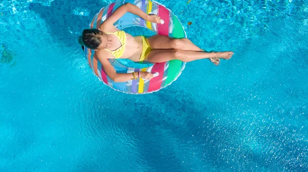 Active Girl Swimming Pool Aerial Top View Kid Swims Inflatable — Stock Photo, Image