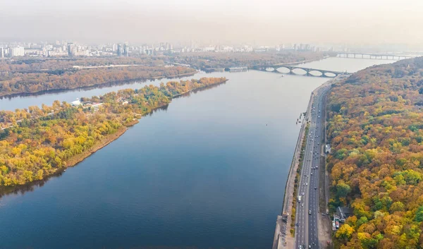 Bovenaanzicht Vanuit Lucht Het Herfstlandschap Parken Van Kiev Rivier Dnjepr — Stockfoto