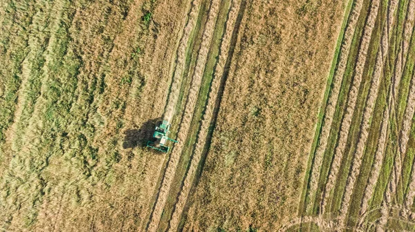上記からのフィールドの空中ビューで作業する収穫機 熟したコムギ畑を収穫する収穫機を組み合わせる — ストック写真