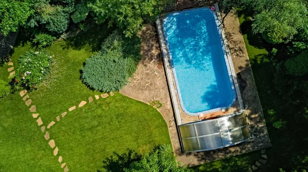 Piscine Dans Beau Jardin Vue Aérienne Sur Dessus — Photo