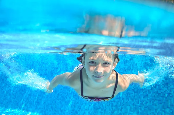 Child swims in swimming pool, playing and having fun, underwater and above view