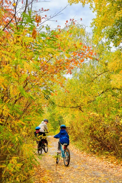 Família em bicicletas no parque de outono, pai e crianças de bicicleta — Fotografia de Stock