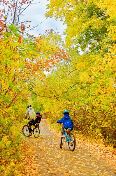 秋の公園、父と子供たちのサイクリングでバイクに家族 — ストック写真