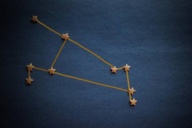 Koyu mavi arkaplanda Koç takımyıldızı. Astrolojik tahmin, yıldız falı. Vignetting, üst manzara. Resim yazar tarafından yapılmıştır..